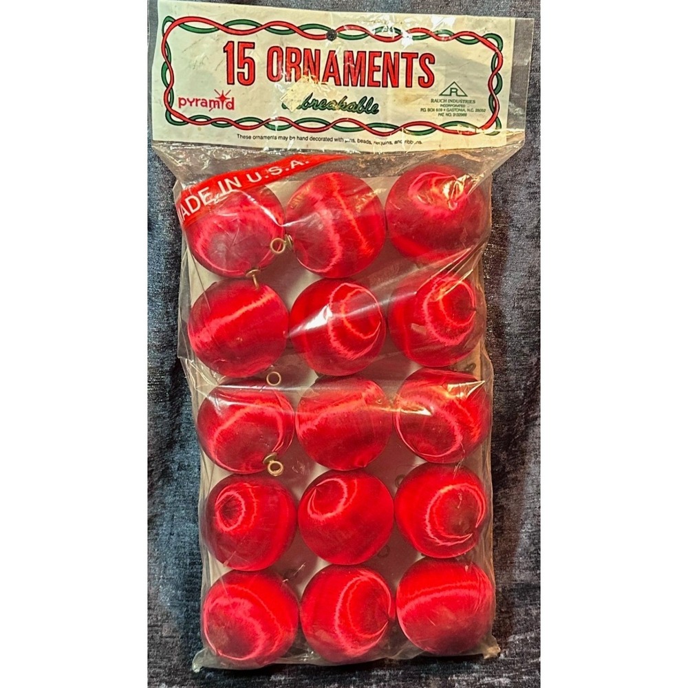 Vintage Pyramid Red Satin Silk Christmas Ornaments 15 Pack Unbreakable USA Made
